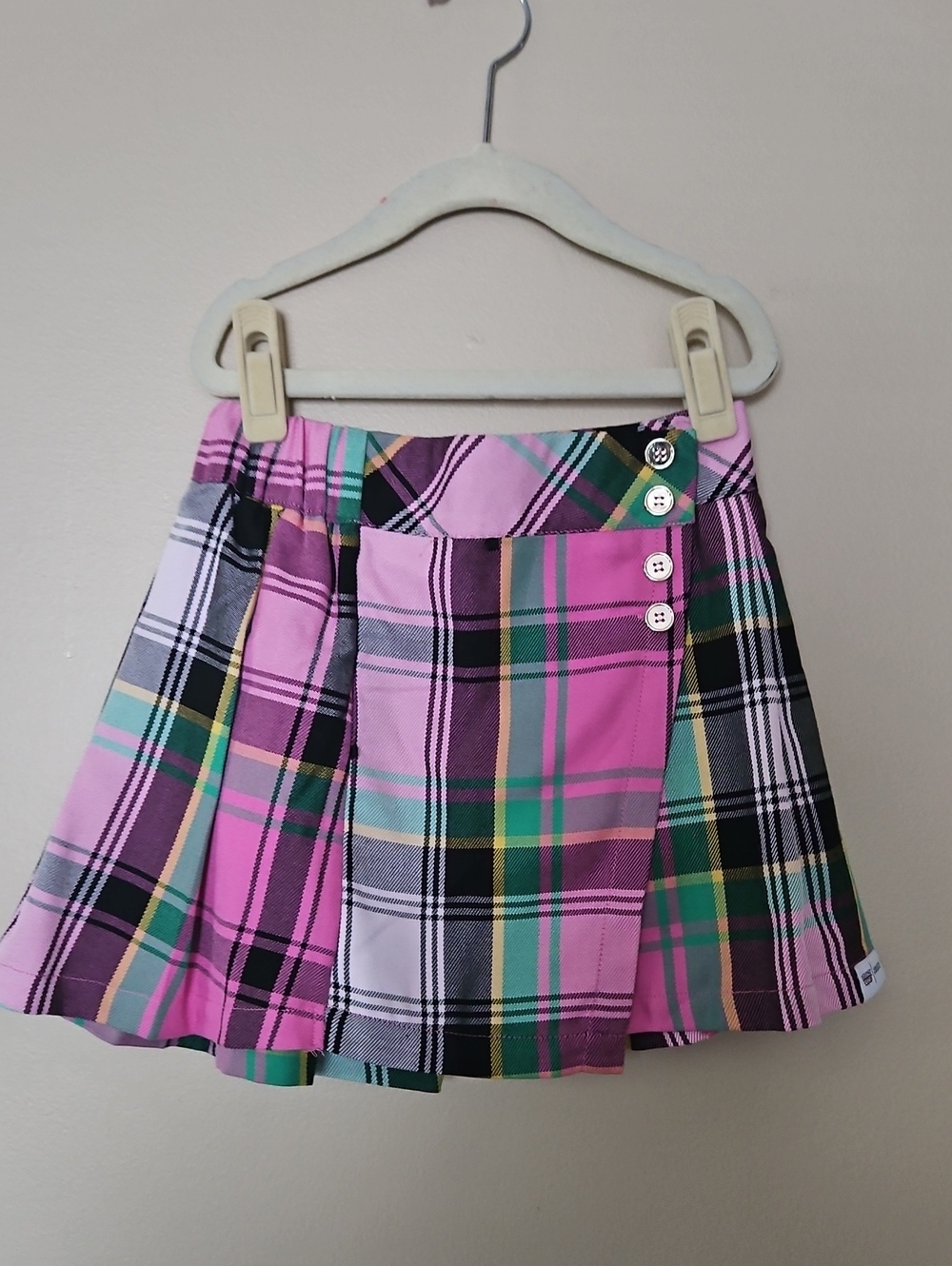 Justice Pink Plaid Pleated Skort with Green & Black Accents